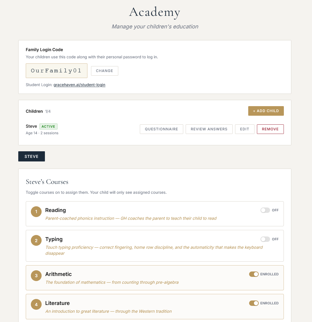 The GraceHaven Academy parent dashboard: family login code, a child roster with questionnaire and edit controls, and a course list with toggles to  assign subjects to each child