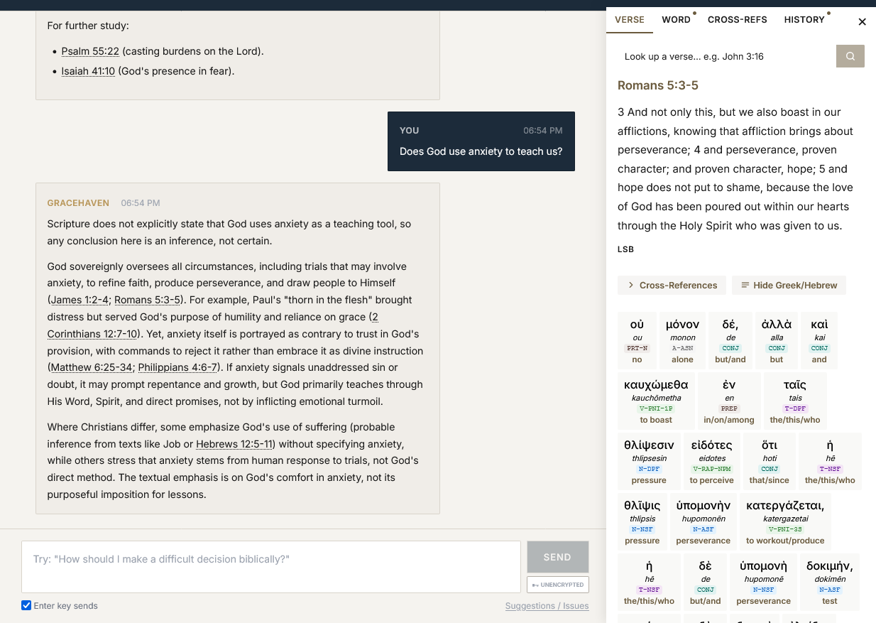 GraceHaven session with Greek interlinear and cross-references panel